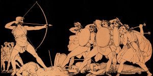 Homer, The Odyssey. Ulysses (Odysseus) killing the Suitors of his wife Penelope on the island of Ithaca Homer, blind Greek poet, c. 800 - 600 BCE, Trojan War, epic; illustration after Flaxman (Photo by Culture Club/Getty Images)